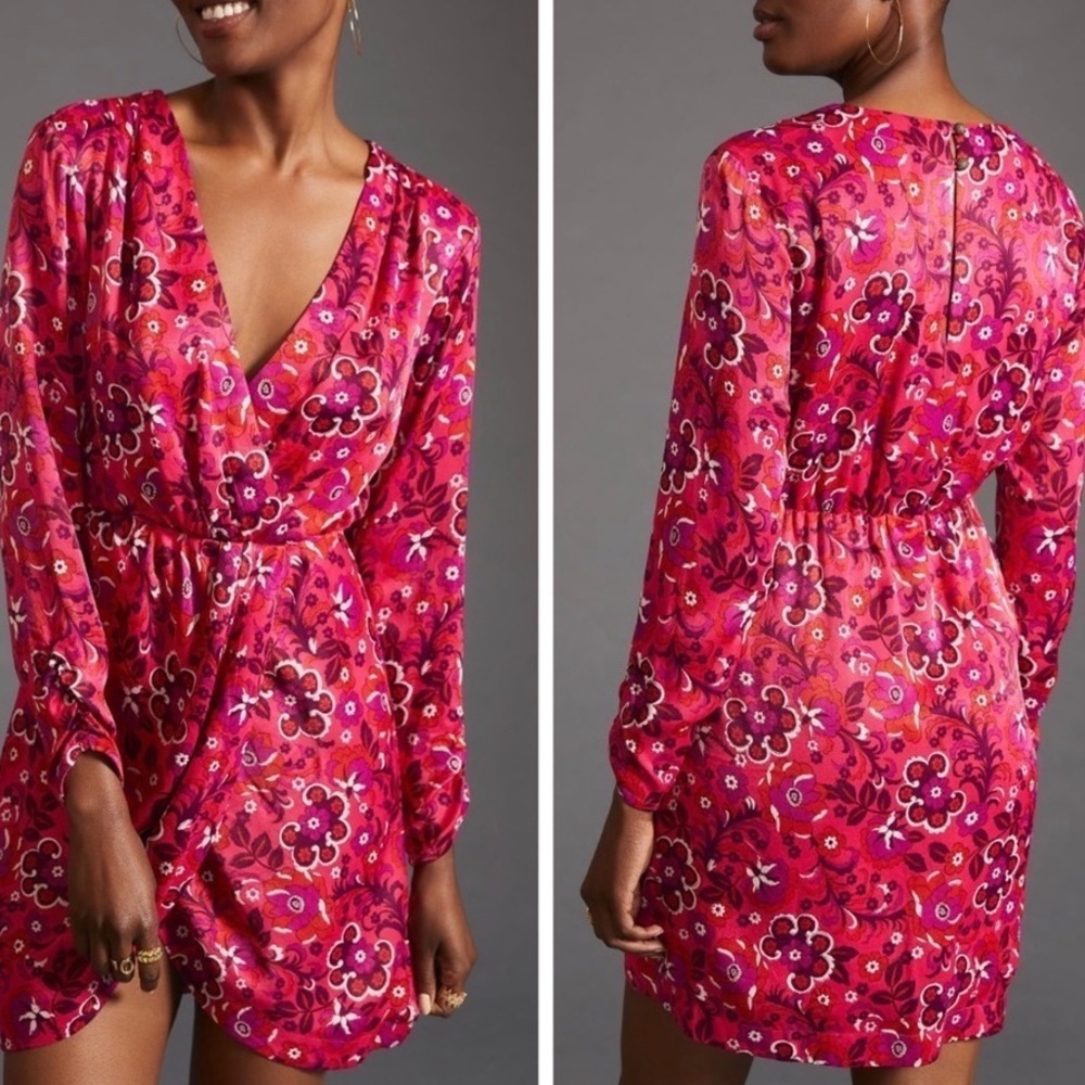 Anthropologie Maeve Faux Wrap Mini Dress in Pink Floral Sz S